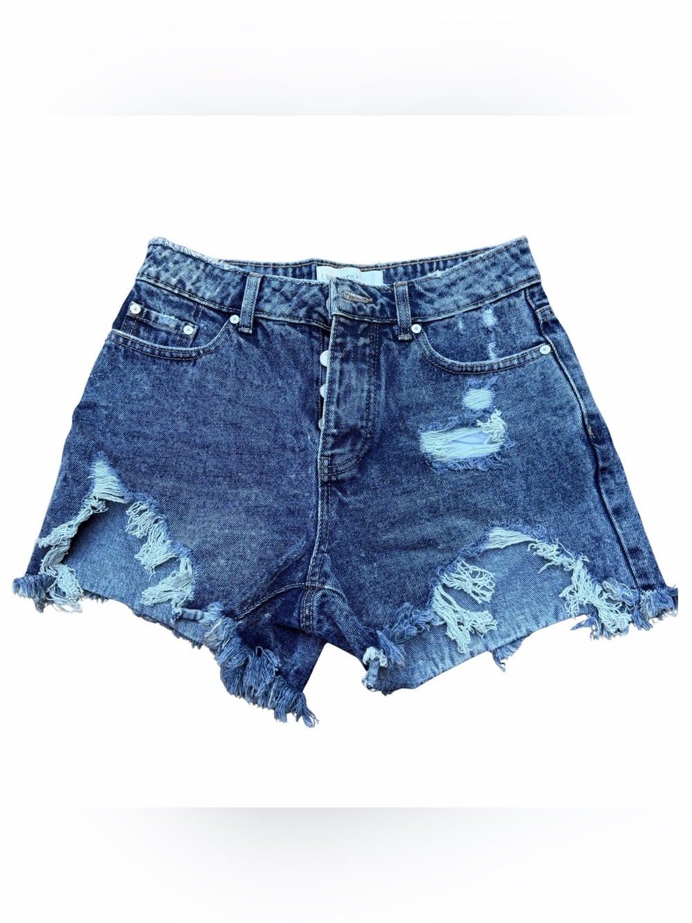 Distressed High-Rise Denim Shorts - Blue